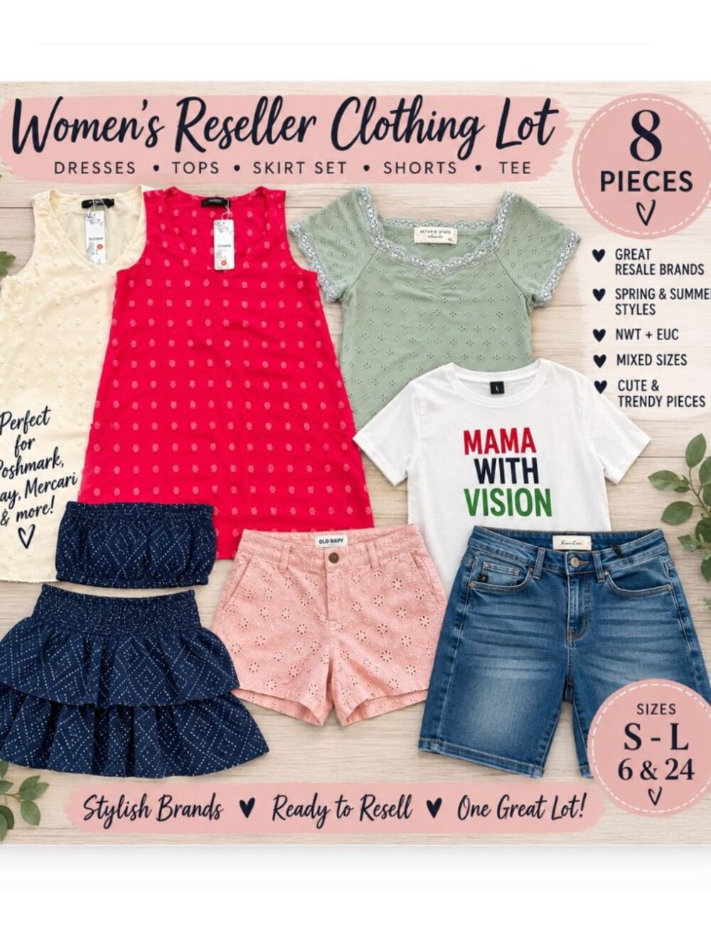 Women’s Reseller Clothing Lot 8 Pc S M L Dresses Tops Shorts NWT Name Brands